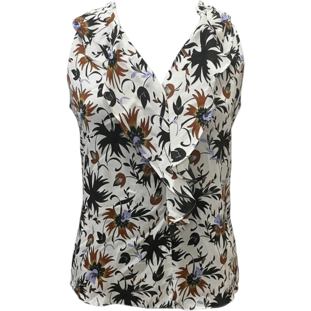 A.L.C. Silk Ruffle Front Floral Blouse Sleeveless V-Neck White Multi Size 6‎